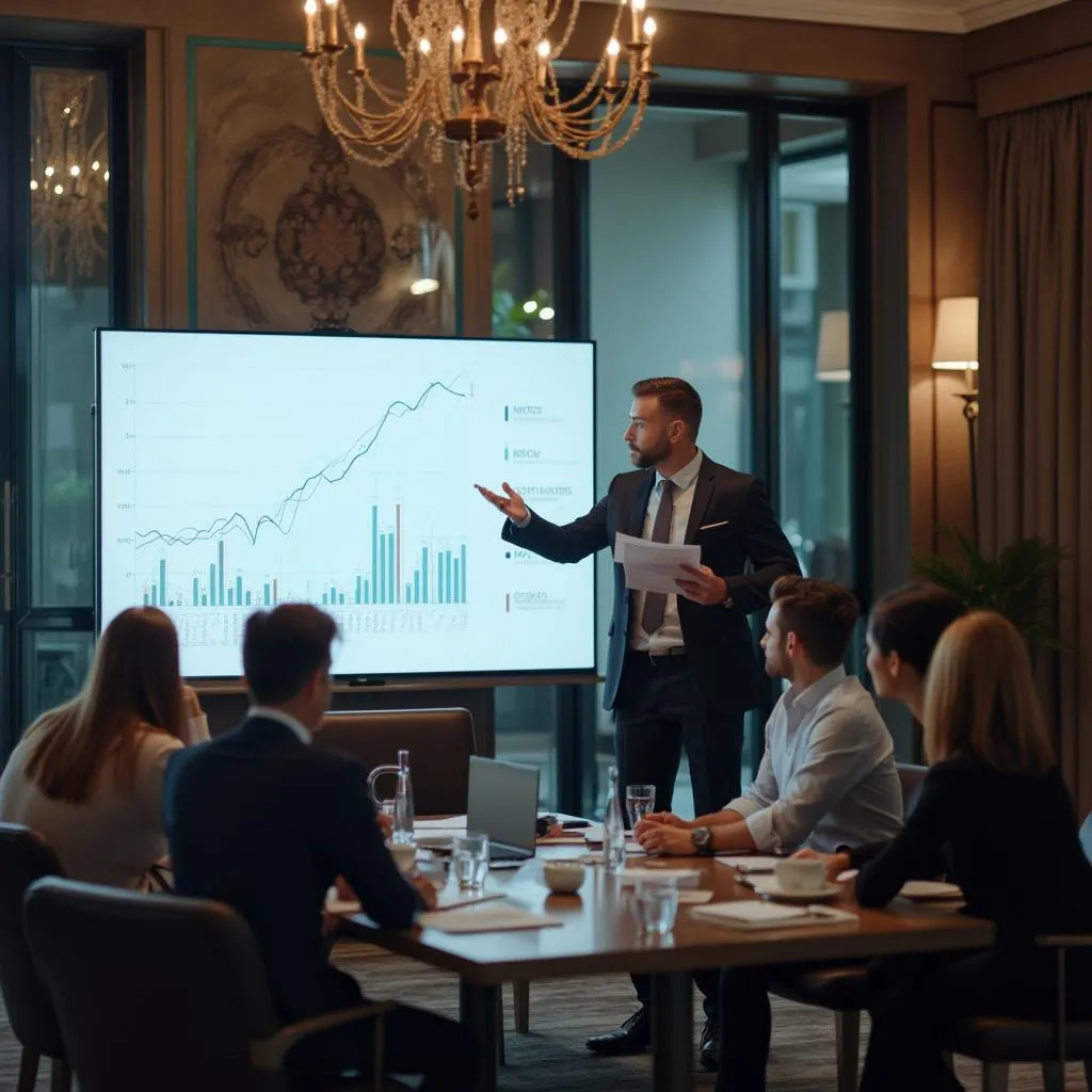 Consultor presentando un análisis de mercado a un cliente